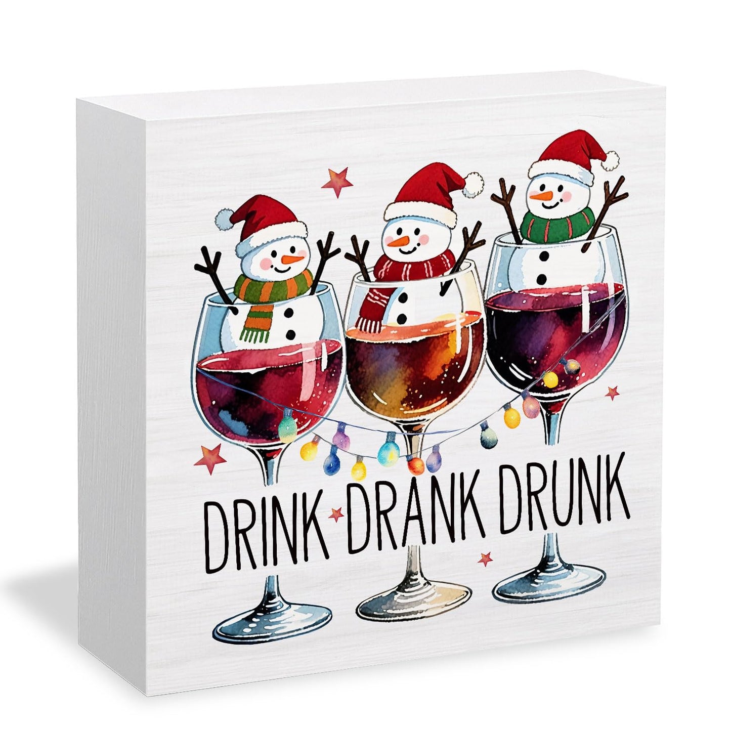 HYKDFMNCJ Christmas Snowman Wine Wooden Box Sign Desk Decor, Christmas Bar Decor, Drink Drank Drunk Winter Snowman Holiday Wood Signs for Home Bar Pub Desk Table Shelf Decorations, 5x5 Inch