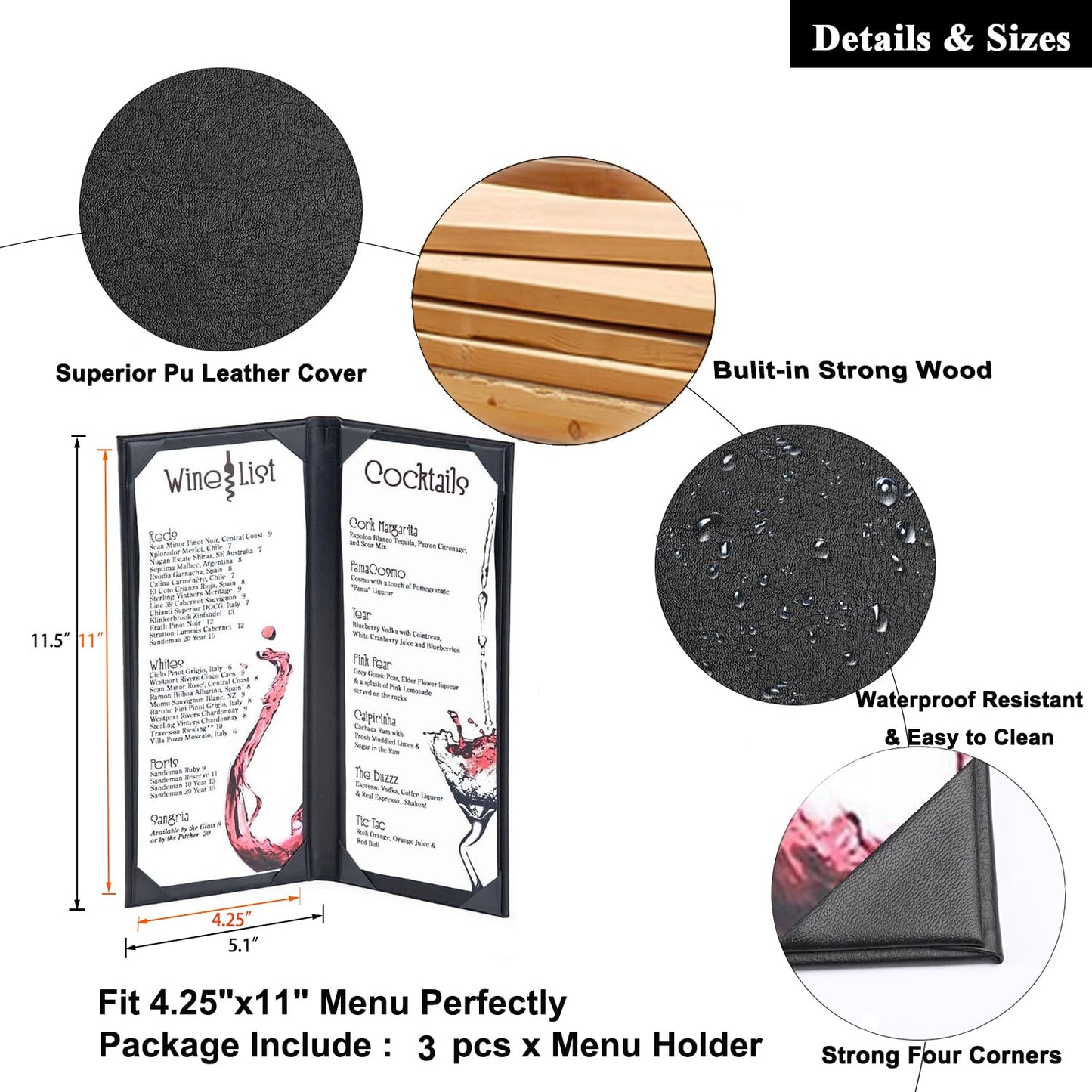 3 Packs of 4.25 x 11 inches Leather Menu Covers with Strong Wood Inside, 2 View Leather Menu Holder Book Style Double Fold Panel for Restaurant Coffee Bars Cocktail（4.25”x11” /2 Views/3 Pcs）