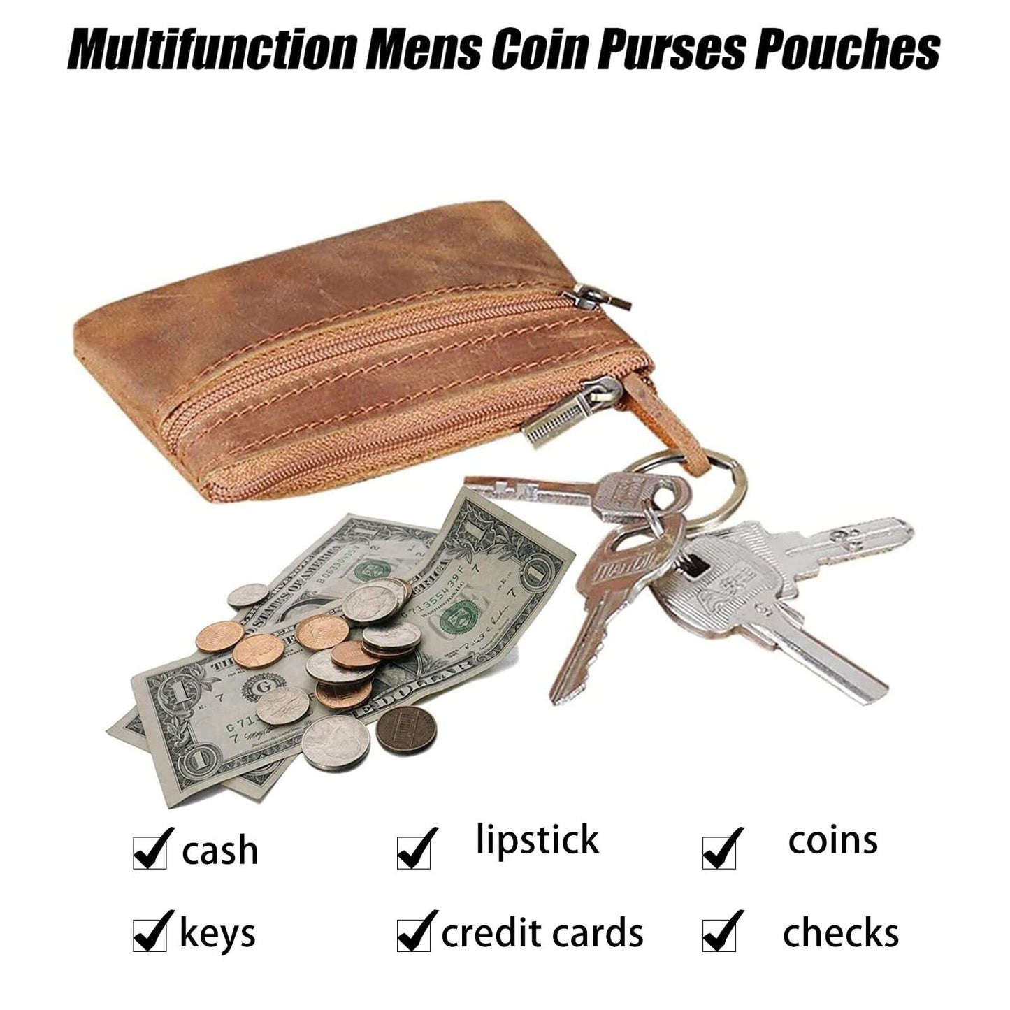Coin Purse for Men,Coin Pouch with Zipper for Men Women,Genuine Leather Mini Coin Pocket Pouch Change Holder Mens Tray Purses Coin Purse Cash Change Wallet Key Holder Money Pouch