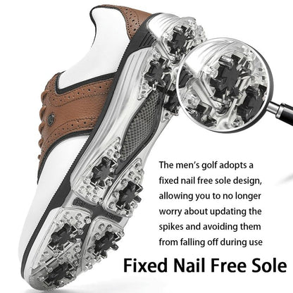 DARIBOM Mens Golf Shoes Traditions Fixed Nailless Sole Waterproof Spikeless Size 13(Brown)