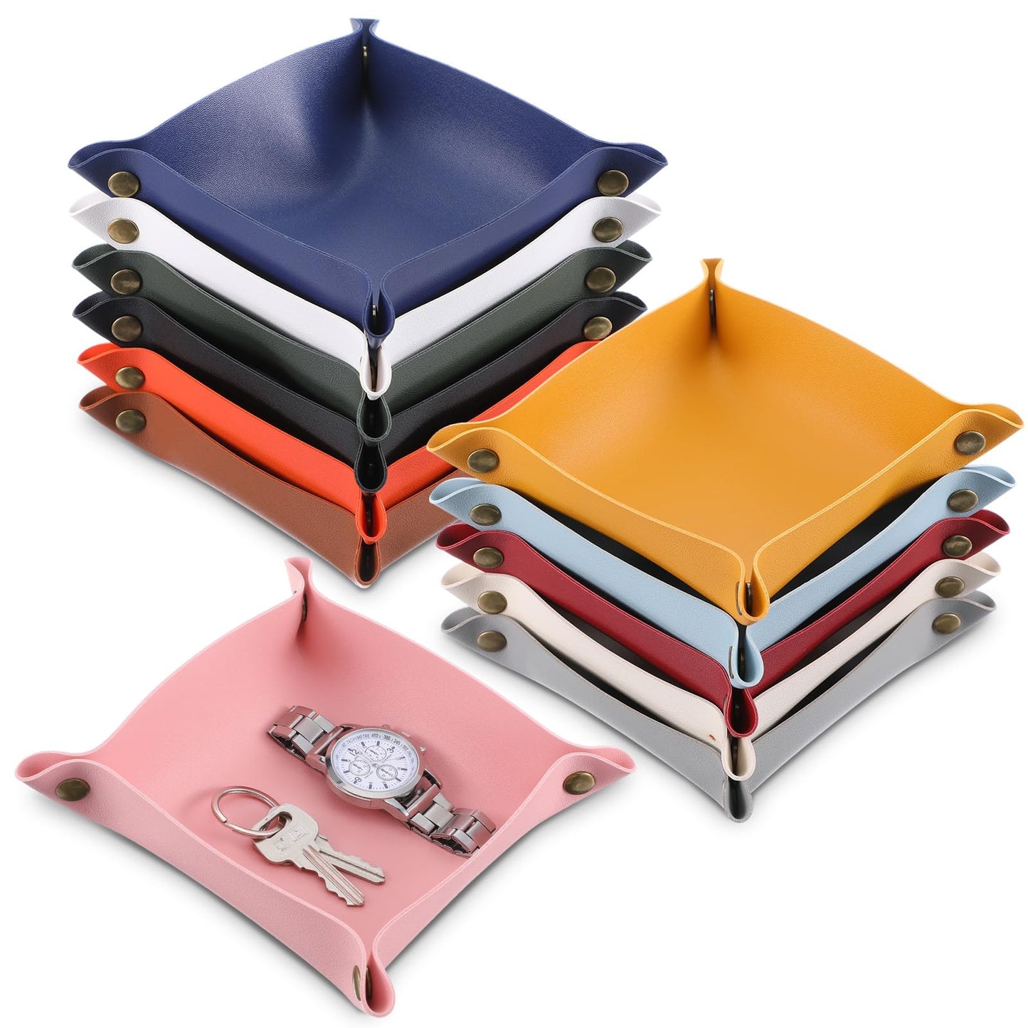 Pafeooui 12 Pcs PU Leather Valet Tray, Foldable Catchall Organizer with Snap Buttons, Double Sided Key Tray for Entryway, Desk, Travel, Phone, Keys, Jewelry - 12 Colors