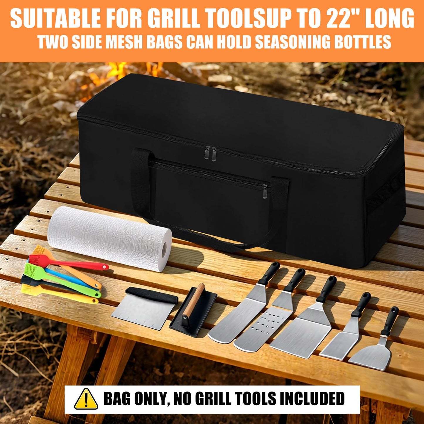 CSOKRE Grill Tool Storage Bag, Outdoor BBQ Utensil Storage with Pockets for BBQ Tools up to 22", Large Grilling Utensil Holder Storage Caddy, Barbecue Tool Sets Case for Camping Picnic,Bag Only,Black
