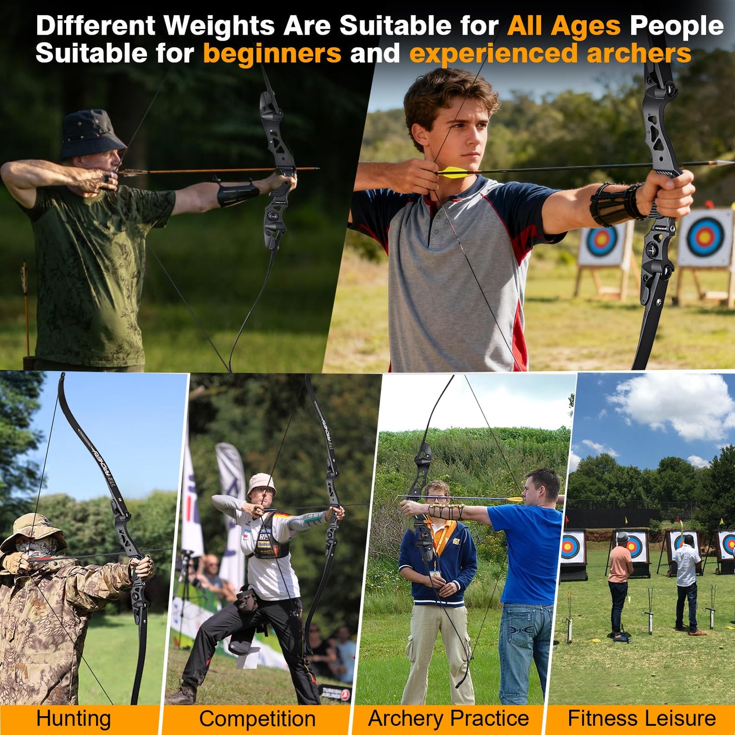 TOPARCHERY 62" Black Hunter Recurve Bow, ILF Interface Shock Absorption Takedown Hunting Recurve Bow for Adult & Youth Beginner, Longbow Archery Set for Outdoor Target Hunting Practice-40LBS-Black