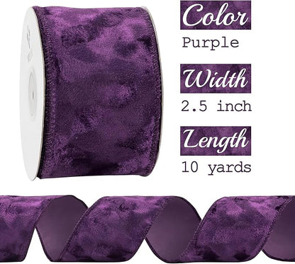 MEEDEE Purple Velvet 2.5 Inch Wired Ribbon - Crushed Velvet Christmas Ribbon, 10 Yards for Tree Decoration, Wreaths, Crafts