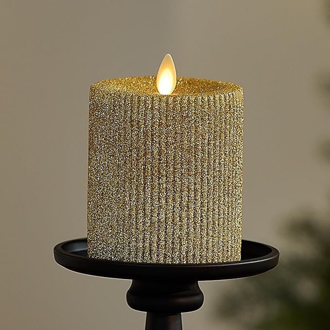 Luminara Rich Gold Glitter Ribbed Flameless LED Candle Moving Flame Pillar, Real Wax, Flat Top, Timer (3.25" x 4.5")