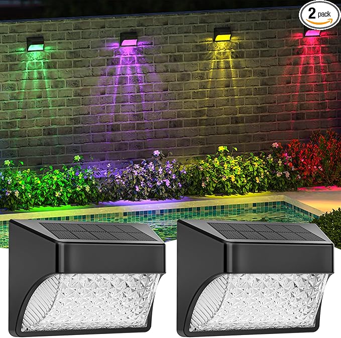 Solar Powered Fence Deck Lights Outdoor Waterproof Led IP65 RGB Color Changing/Warm White Auto On/Off Solar Step Lights for Outside Stair Garden Yard Wall Patio (2 Pack, Black)