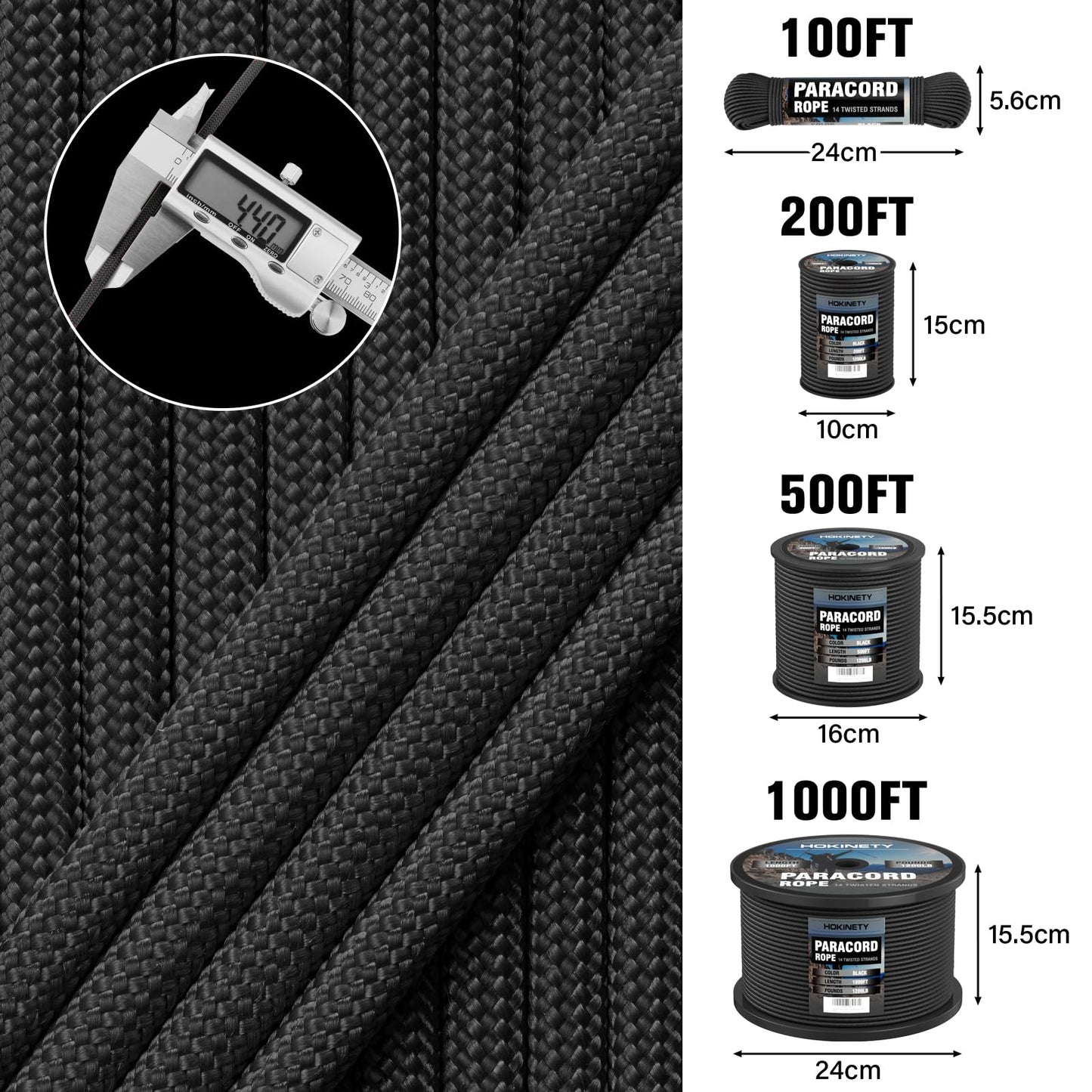 HOKINETY 1200 Paracord Rope - 4.4mm 14 Strand Nylon Parachute Spool para Cord Lanyard for Outdoor Camping Survival Utility Tent Crafting DIY Projects Fishing Clothsline Bracelet - Black 50FT
