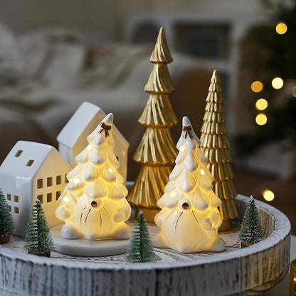 Lighted Christmas Gnome Decoration, 2Pcs White Gnomes Ceramic Christmas Tree with Gold Trims, Small Light Up Gnome Figurines for Prelit Xmas Holiday Table Fireplace Decor