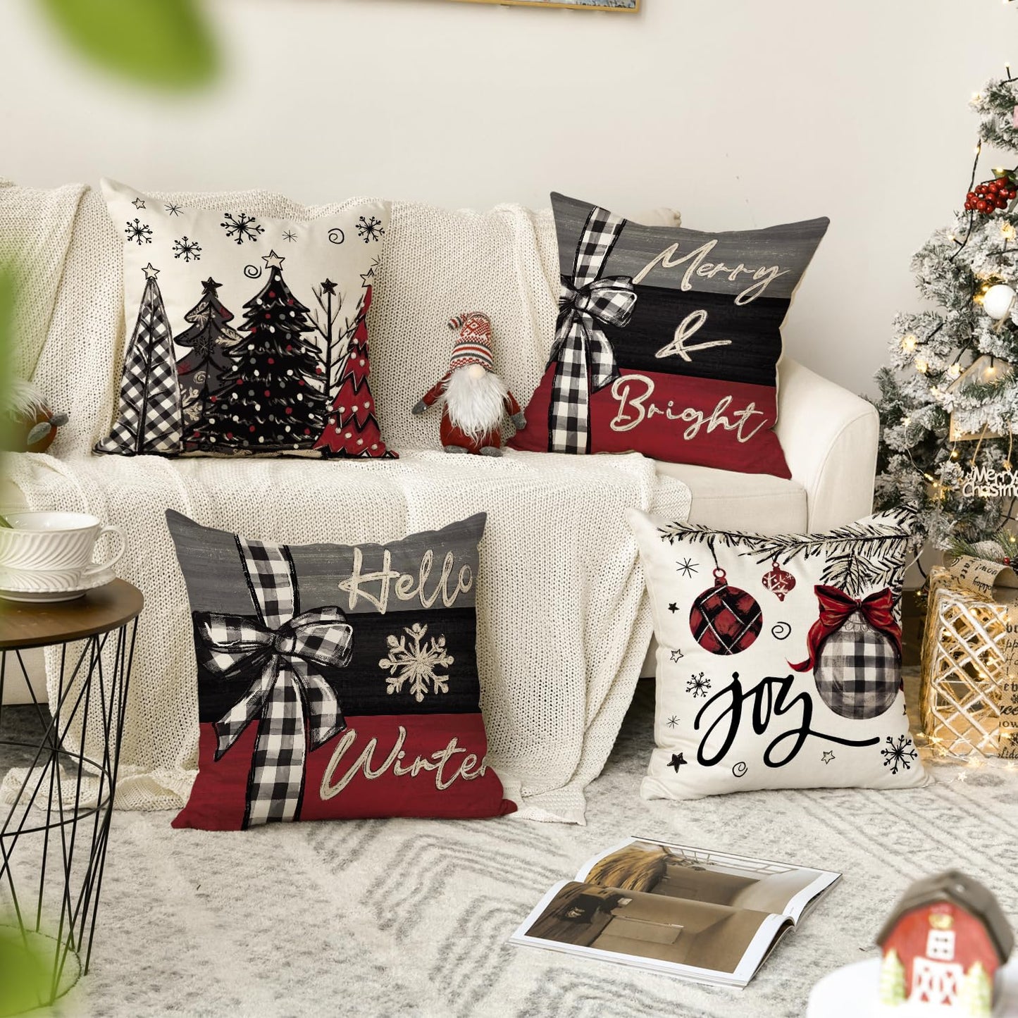 Merry Christmas Joy Xmas Trees Red Throw Pillow Covers, 16x16 Inch Christmas Winter Holiday Cushion Case Decoration for Sofa Couch Set of 4