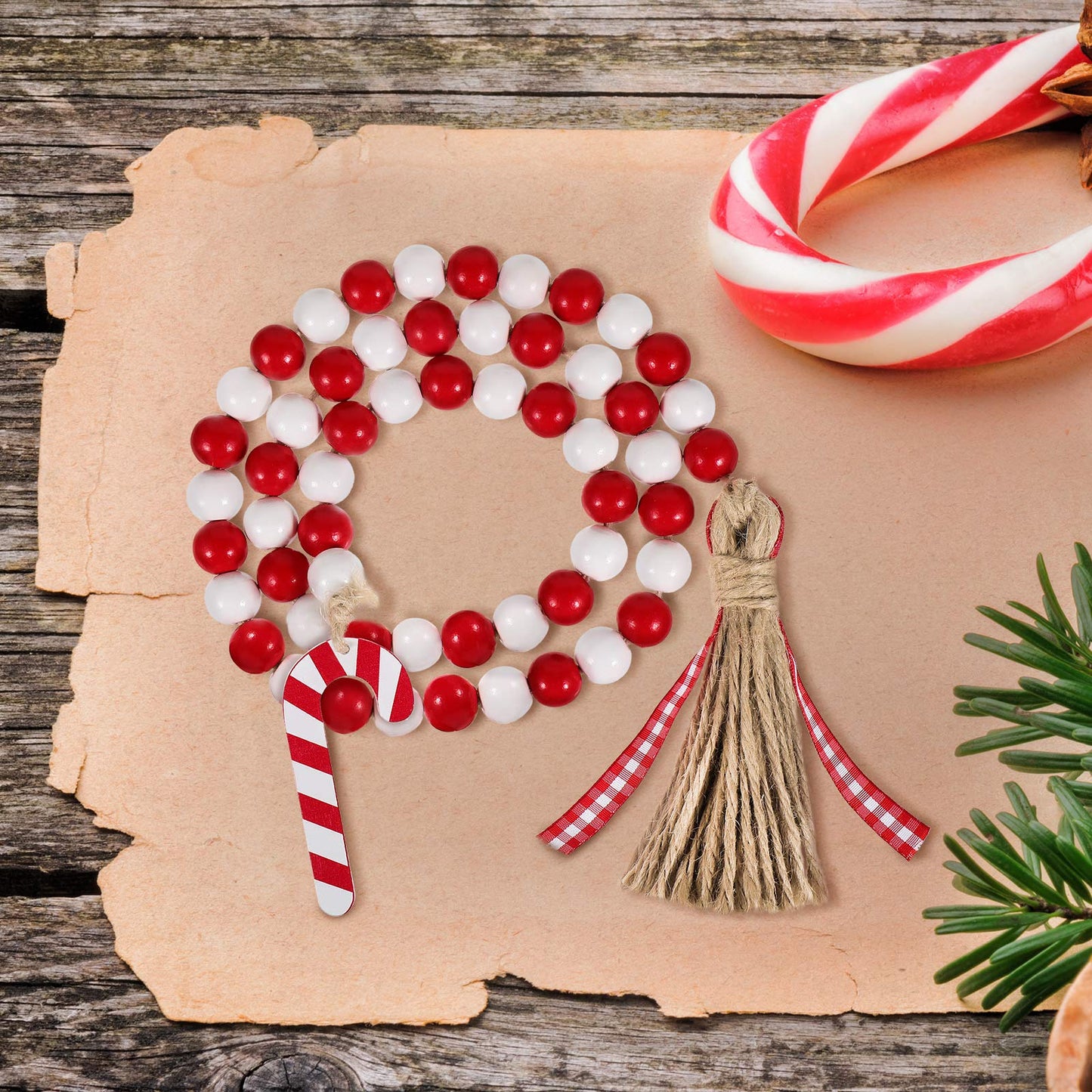 Chuangdi Christmas Wooden Bead Garland Wreath, 39 Inches Decorated with Candy Canes Tassels Wood Bead Garland for Christmas Tree Tiered Tray Decor Home Farmhouse Wall Hanging Ornaments(Red White)