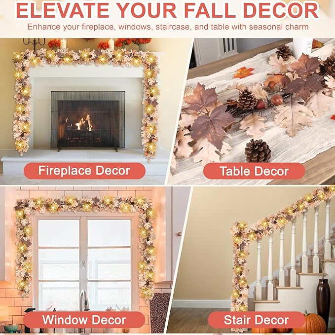 Fall Garland - 6 Ft Maple Leaf Garland with Pinecones - Fall Acorn Leaf Garlands with 30 Warm Lights for Thanksgiving Halloween Mantel Dining Table Centerpiece Indoor Outdoor Decor