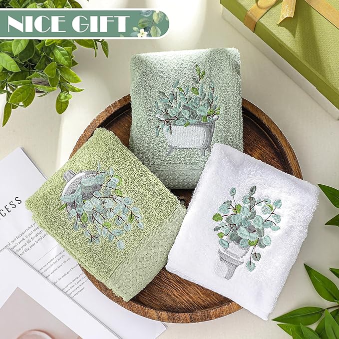 3 Pcs Eucalyptus Hand Towels Farmhouse Embroidered Botanical Bathroom Decor