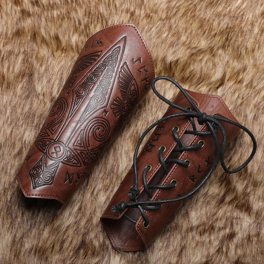 Medieval Leather Bracers for Men Embossed Sword Viking Leather Bracers Leather Arm Armer Archery Arm Guard Wristband Gauntlet Costumes Accessories 1 Pair