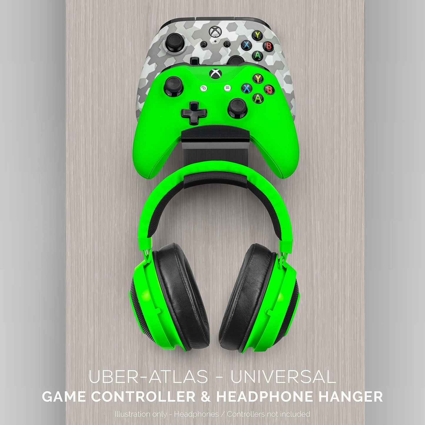 The UberAtlas Dual Game Controller & Headphone Stand Wall Mount Holder for Xbox ONE, Series X, PS5, PS4, PS3, Switch, STEELSERIES Gamepad & More, Stay Organized No Screws, by Brainwavz (Two Pack)
