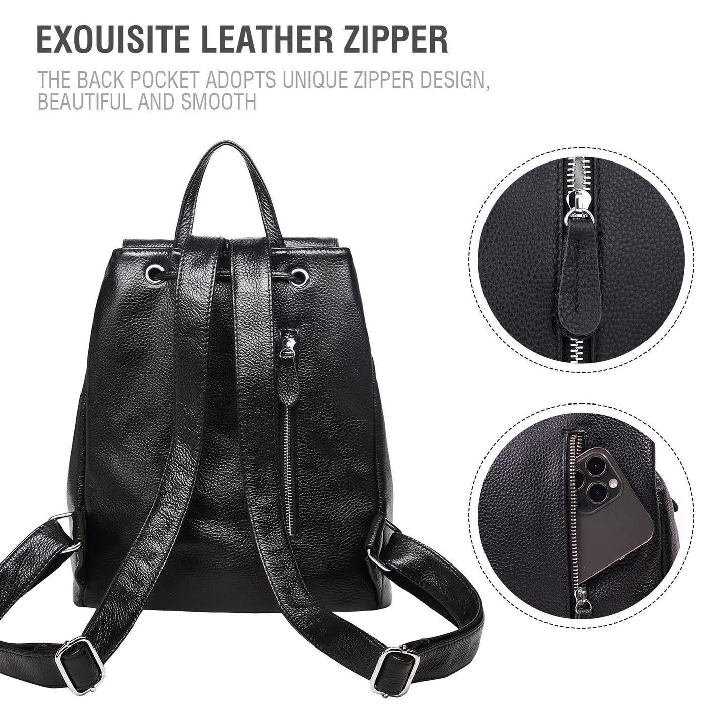 BOYATU Women’s Full-Grain Leather Backpack Purse, Minimal Structured Design, Work Commuter & City Travel, Compact Everyday Essentials, Fashion RFID Pocket Bag (Black)