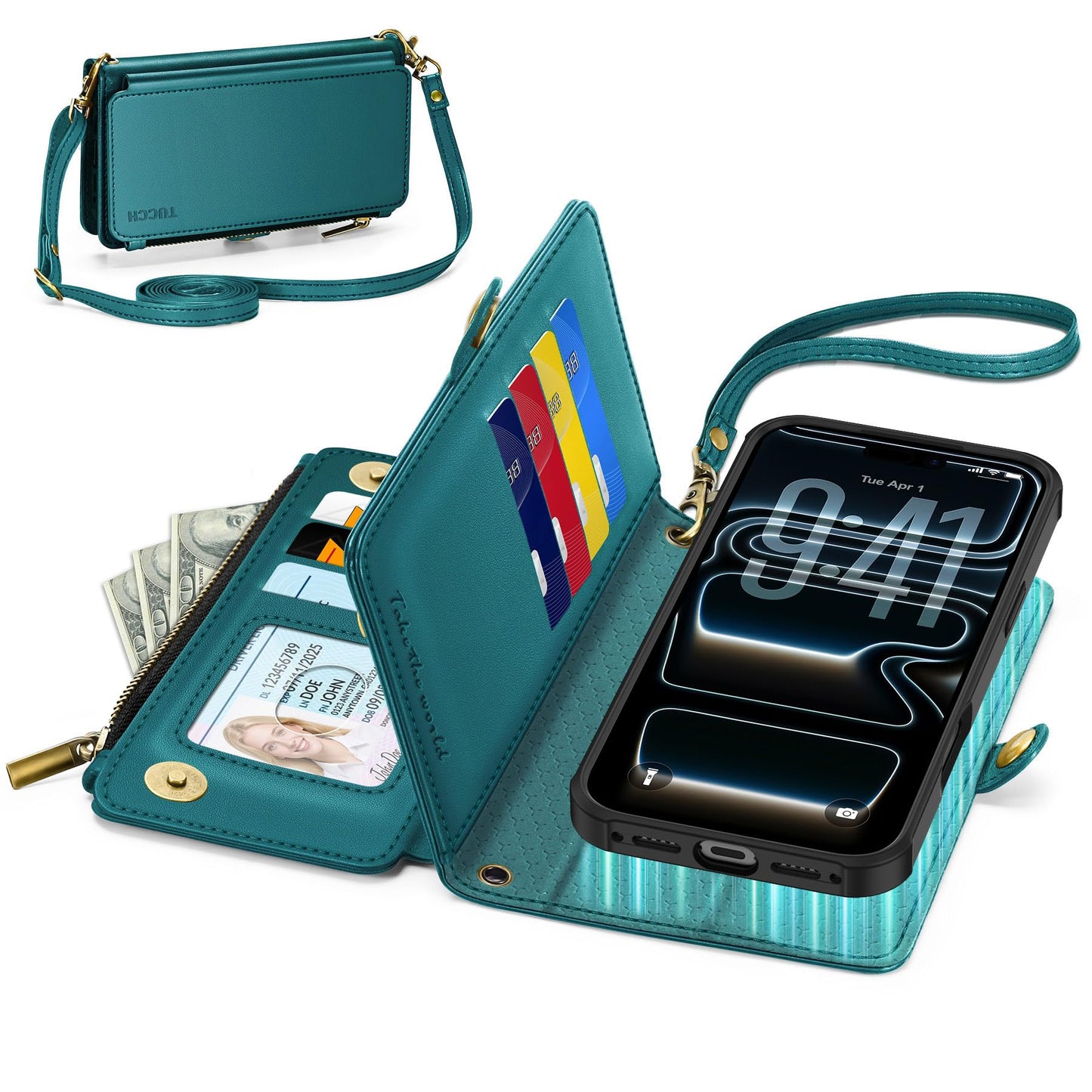 TUCCH Detachable Crossbody Wallet Case for iPhone 17 Pro Max (6.9"), 10 Card Slots RFID Blocking | Lanyard Wrist Strap | Wireless Charging | Zipper Pocket | PU Leather Stand Flip Cover | Bluish Green