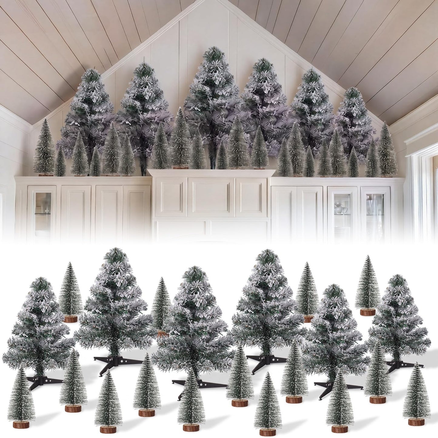 Sanwuta 21 Pcs Above The Cabinet Christmas Tree Decor 6 Flocked Snowy Trees 15 Mini Snowy Brush Trees Over The Cabinet Decorations Winter Xmas Tree for Mantel Bookshelf Table Indoor Kitchen Decor
