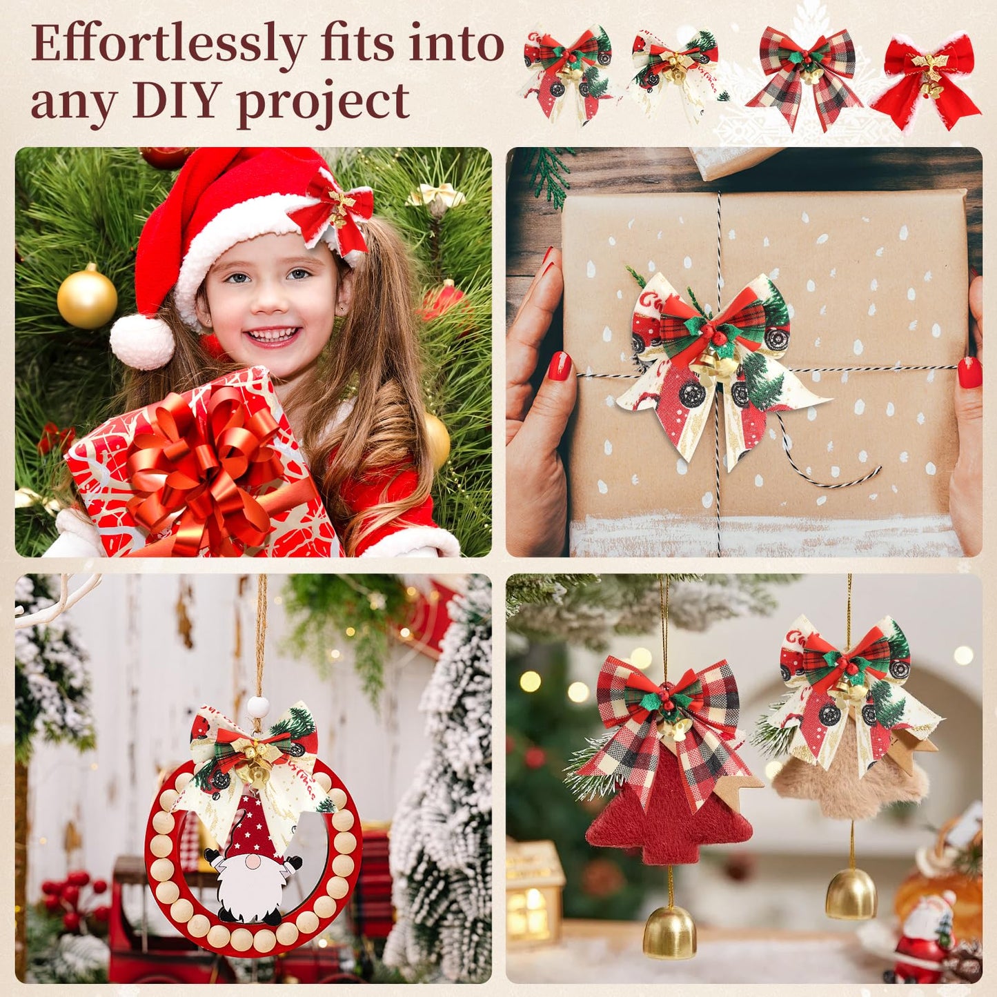 16PCS Mini Christmas Bows with Bells, 3.1"× 3.1" Gift Bows, 16 Styles, Ready-to-Hang Holiday Ornaments for Christmas Tree, Wreaths, Garlands, Doorway, Gift Wrap & DIY Decorations