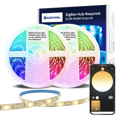 GIDERWEL 32.8ft ZigBee RGBW LED Strip Lights Smart Dimmable Kit with ZigBee 3.0 Controller,Work with Hub Bridge Echo Plus for APP/Alexa Voice Control RGB Warm White RGBWW LightStrip Ambiance Lighting