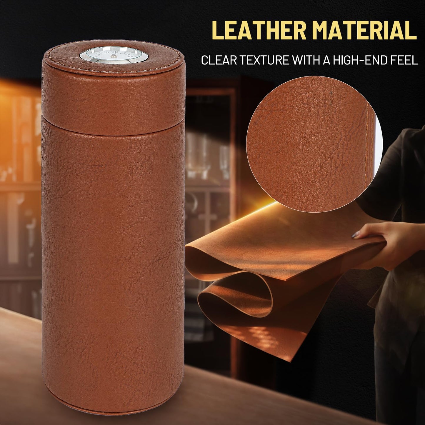 Premium Brown Cylindrical Cigar Humidor with Hygrometer and Cedar Wood Lining, Sealed Portable Leather Cigar Humidifier for Travel Cigar Case and Home Use Father's Day, boyfriends，Christmas