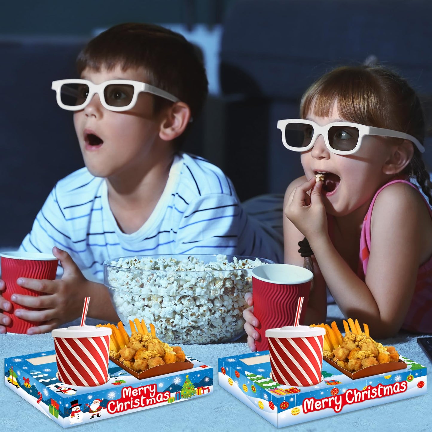 QOUBAI 50Pcs Christmas Party Supplies Movie Night Paper Snacks Boxes Xmas Movie Theater Snack Tray Party Decorations Popcorn Drink Holder Set for Christmas Xmas Tree Snowman Birthday Holiday