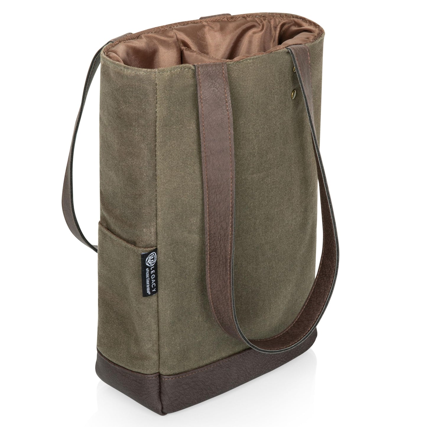 Legacy - a Picnic Time Brand, 2-Bottle Insulated Wine Bag, Distressed Waxed Canvas Wine Tote Bag, Wine Gift Bag