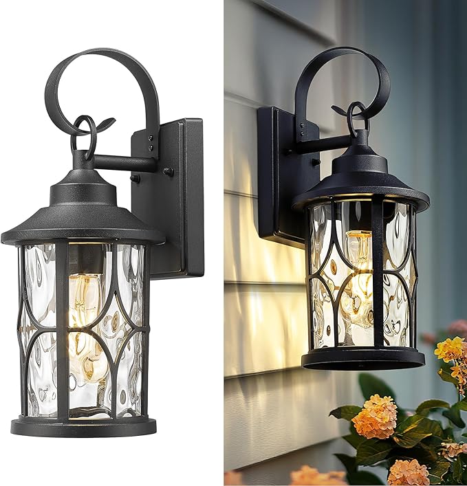 zeyu Wall Mounted Lantern Light, 15.5 Inch Outdoor Wall Light Fixtures for House in Black Finish, Die-Cast Aluminum with Water Ripple Glass, ZX111B BK-WG