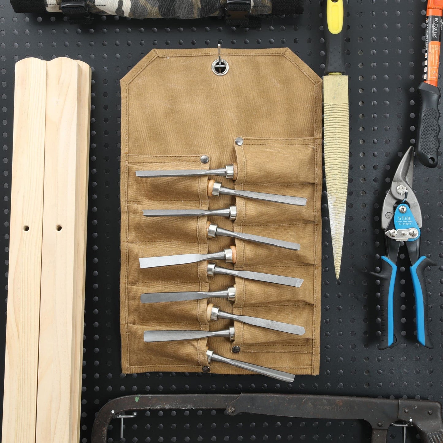 Tool Roll, Heavy Duty Waxed Canvas Small Tool Bag Tool Pouch for Chisels, Hammers, Gouges Palm Tools (Khaki)