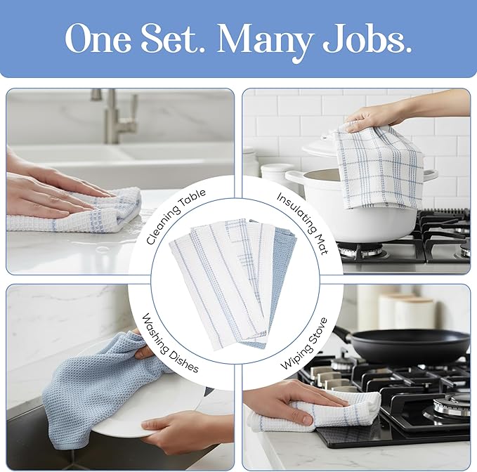 MosJos Kitchen Towels Set of 4 Dish Towels Blue n White Waffle Weave Cotton