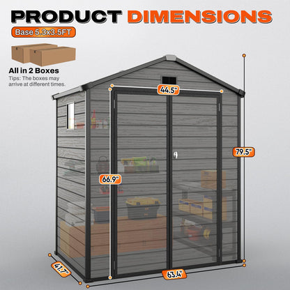Quictent 6x4 FT Storage Shed with Floor, Plastic Storage Shed with Lockable Door, Window & Vents, Outdoor Resin Shed to Store Patio Furniture, Garden Tools Bike, Lawn Mower, Dark Gray（5.3X3.5FT Base）