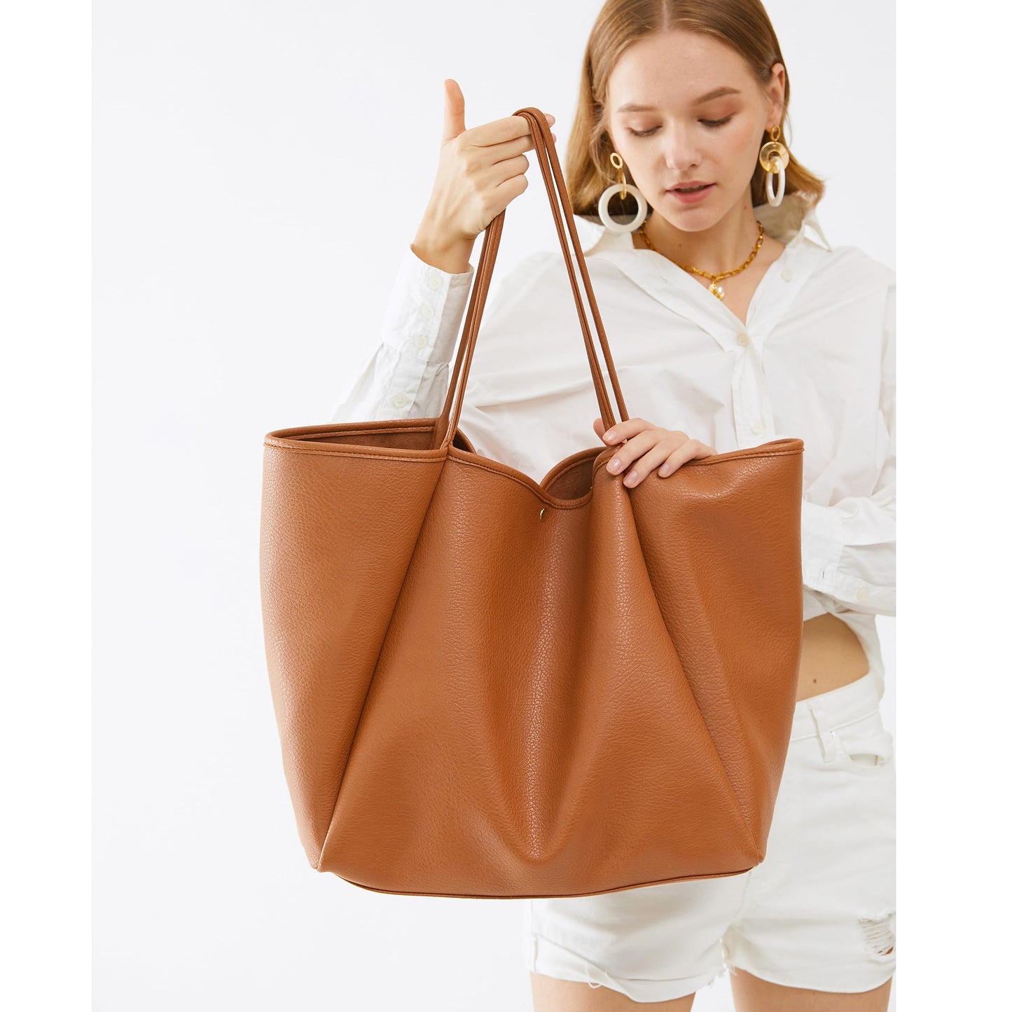HOXIS Oversize Pu Leather Tote Women Weekender Bag Shopper Handbag Travel Purse (Orange-brown)