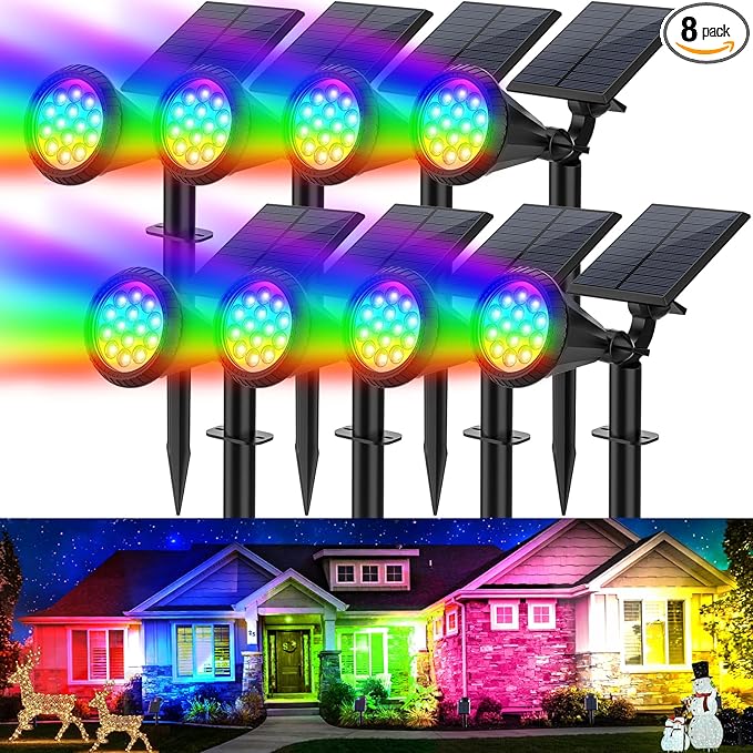 Solar Color Changing Lights Outdoor Waterproof, 7 Modes/8 Pack Halloween Christmas Multicolor RGB Solar Spot Lights, 180° Adjustable Solar Powered Landscape Spotlights for Outside Yard/Garden