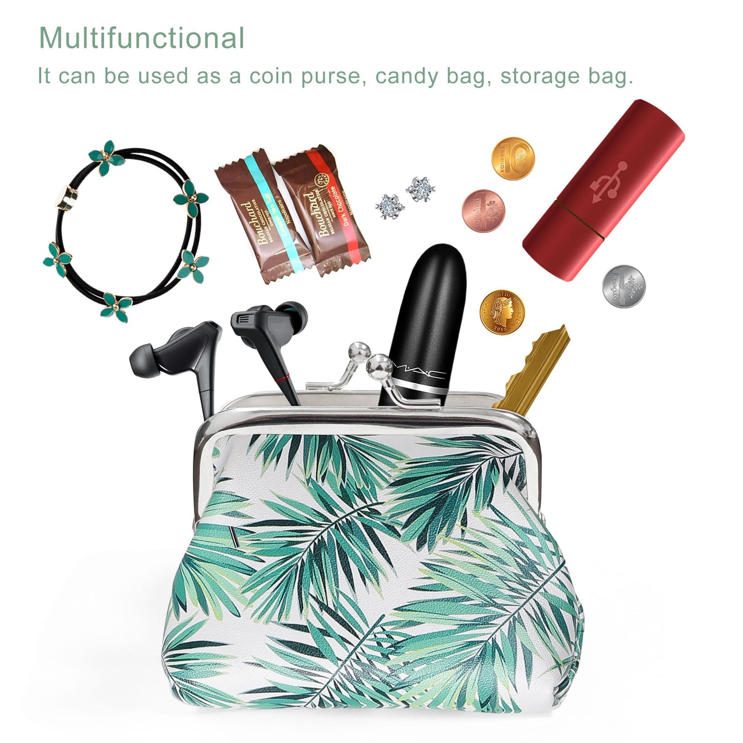 SNCCJ Cute Small Coin Purse for Women Girls, 2 Pack Chic PU Leather Mini Change Pouch with Kiss Lock Clasp, Portable Fashion Accessories Gift for Her or Her Daughter (Leaves)