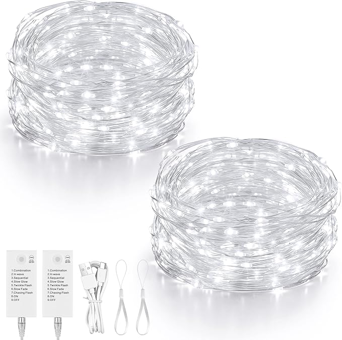 Mlambert LED Fairy Lights Battery Operated with Timer, Rechargeable Mini Twinkle Lights for Christmas Decor Holiday Party, 32.8FT(16.4x2), Cool White