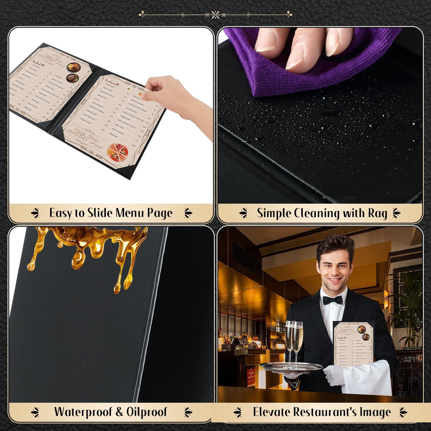 FLKQC 15 Pack Restaurant Menu Covers Holders 8.5" X 11", Single View Synthetic Leather Menu Holder Covers Book Style with Angled Corners Black for Wine List, Menu Sleeves Home Use (15, 1 Page)