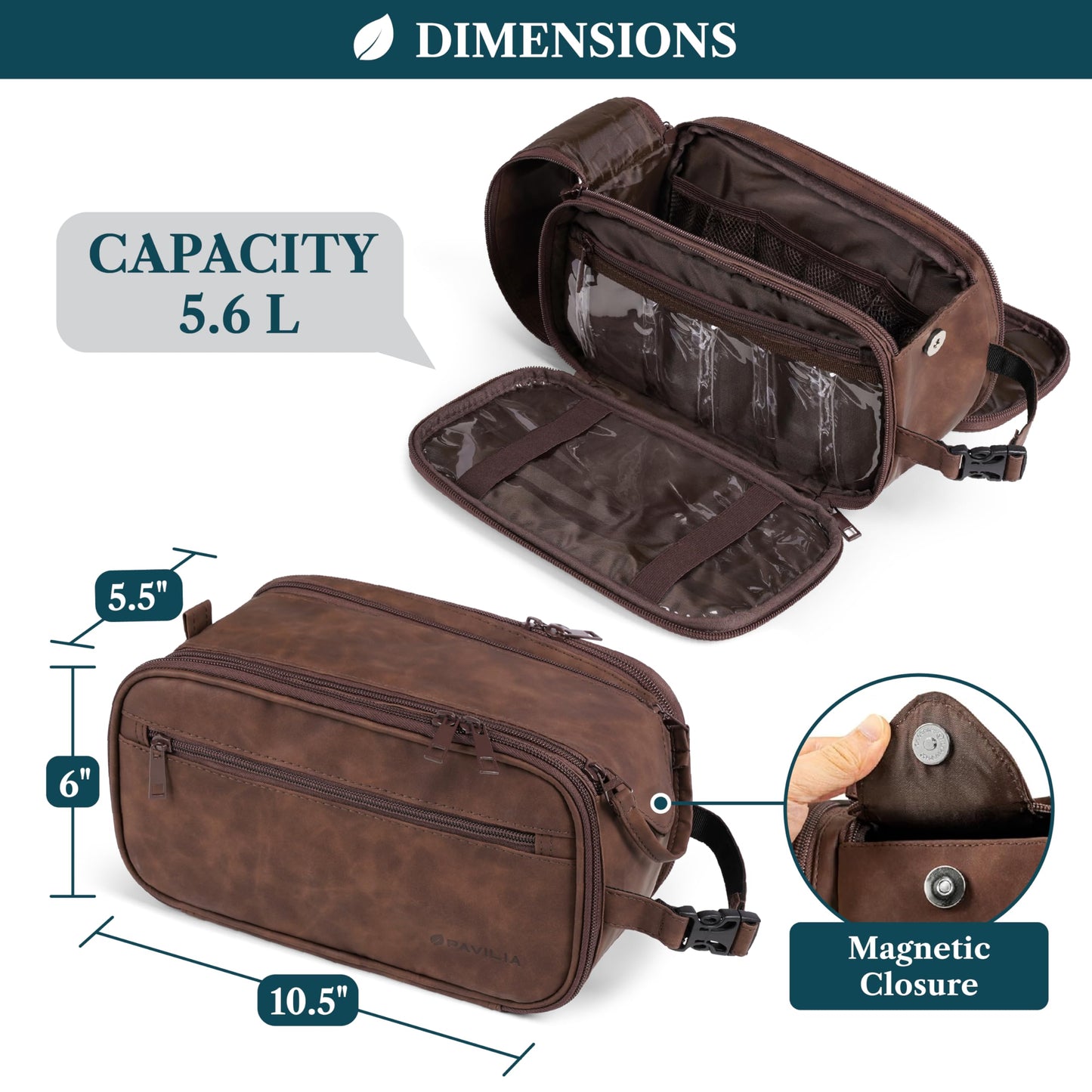 PAVILIA Toiletry Bag for Men, Hanging Travel Dopp Kit Organizer, PU Leather Water Resistant Bathroom Bag for Shaving Grooming, Large Capacity Cosmetic Bag Travel Essentials, Dark Brown
