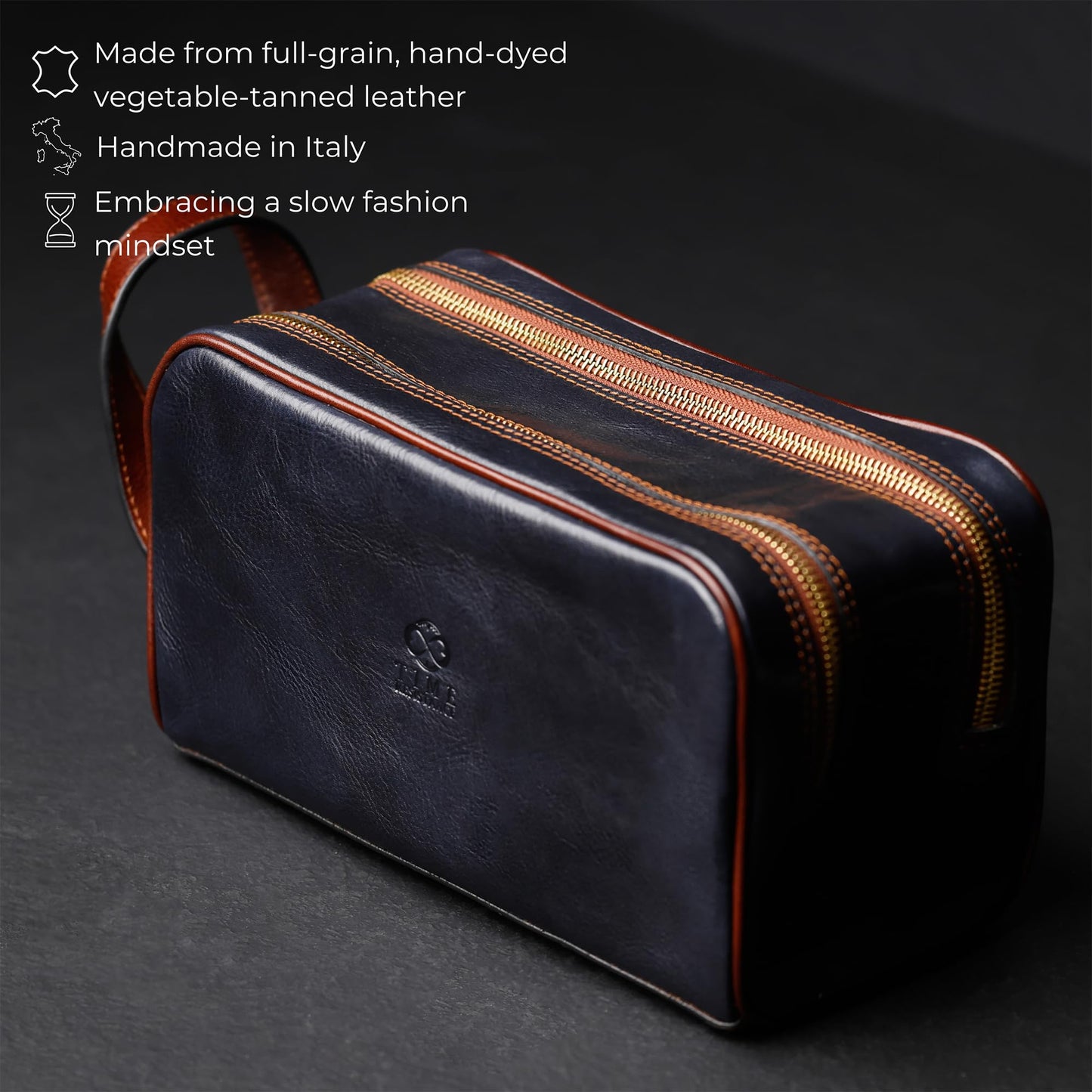 Time Resistance Leather Cosmetic Bag - Italian Toiletry Dopp Kit (Blue)