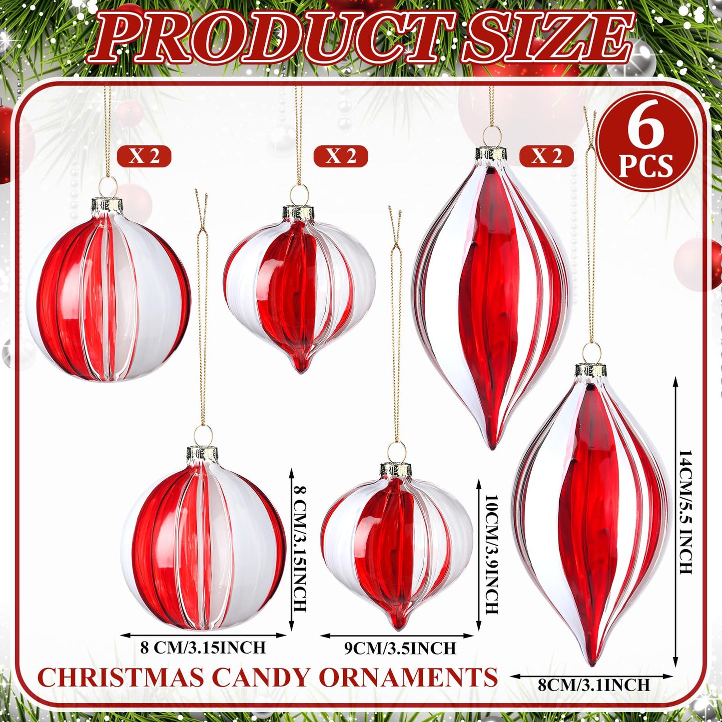 Motionchic 6 Pcs Christmas Candy Balls Ornament Glass Christmas Tree Decorations Red and White Striped Peppermint Hanging Xmas Decorations for Trees Party Wedding Holiday, 3 Styles