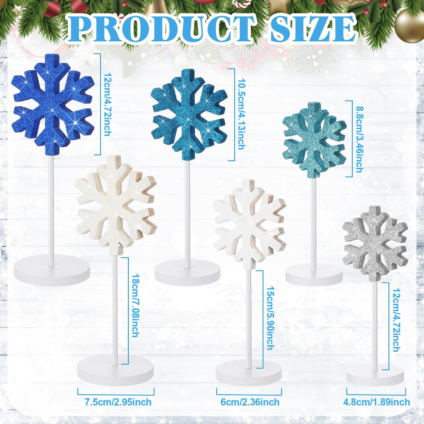 Purpeak 6 Pcs Winter Snowflake Table Decorations Tall Standing Snowflake Wood Block Sign Winter Wooden Snowflakes Standing Table Sign Blue Snowflakes Tabletop Decor for Xmas Winters Party Decoration