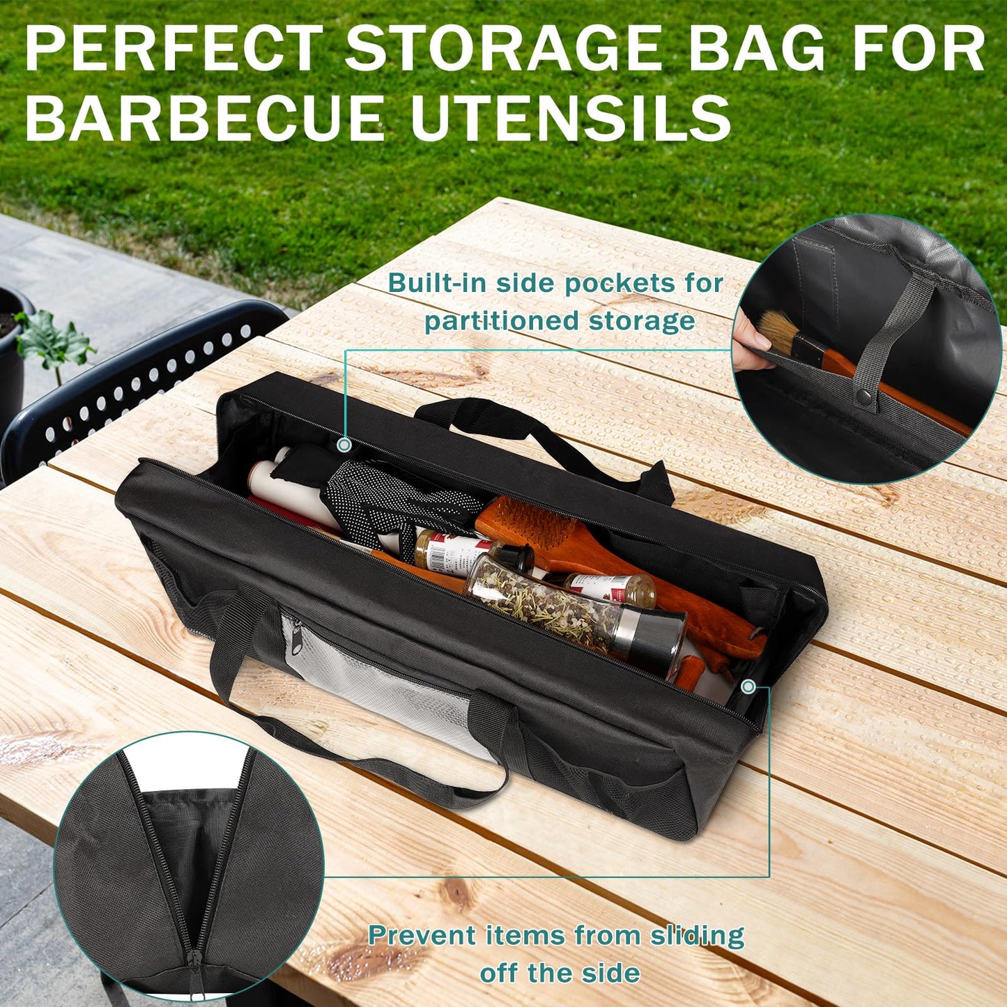 Frjjthchy Grill Tool Storage Bag, Large Grill Utensil Storage Caddy with Pockets, Portable Grill Accessory Storage Bag for Outdoor Camping & BBQ (Black)