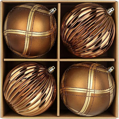 4.7" Large Plastic Christmas Balls Ornaments Set of 4, Glitter Shatterproof Christmas Bulbs Ornaments for Xmas Tree Decorations, Bronze & Brown Ornament for Tree, Mantel, Garland, Winter Holiday Decor