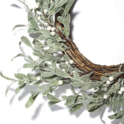LampLust Winter Wreaths for Front Door Outside, 20 Inch Flocked Wreath with Mistletoe & Pearly White Berries, 75 LED Lights, Battery Powered, Timer, Farmhouse Wreath, Winter Wreaths for Indoors