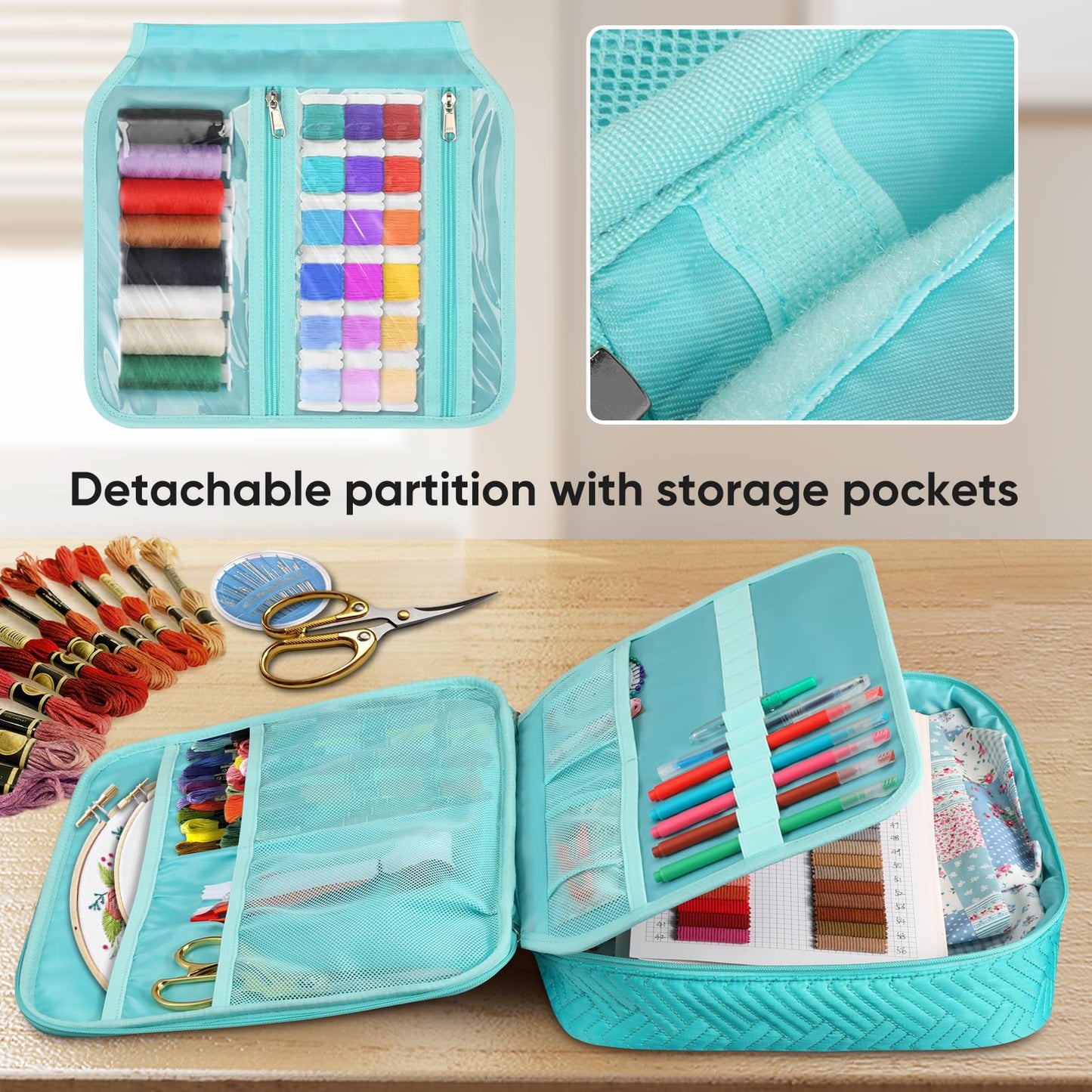 FINPAC Embroidery Bag, Cross Stitch Storage, Square Quilted Tote Organizer with Multiple Pockets for Floss, Hoops, Thread, Stitch Tools Kit [Bag Only], Teal