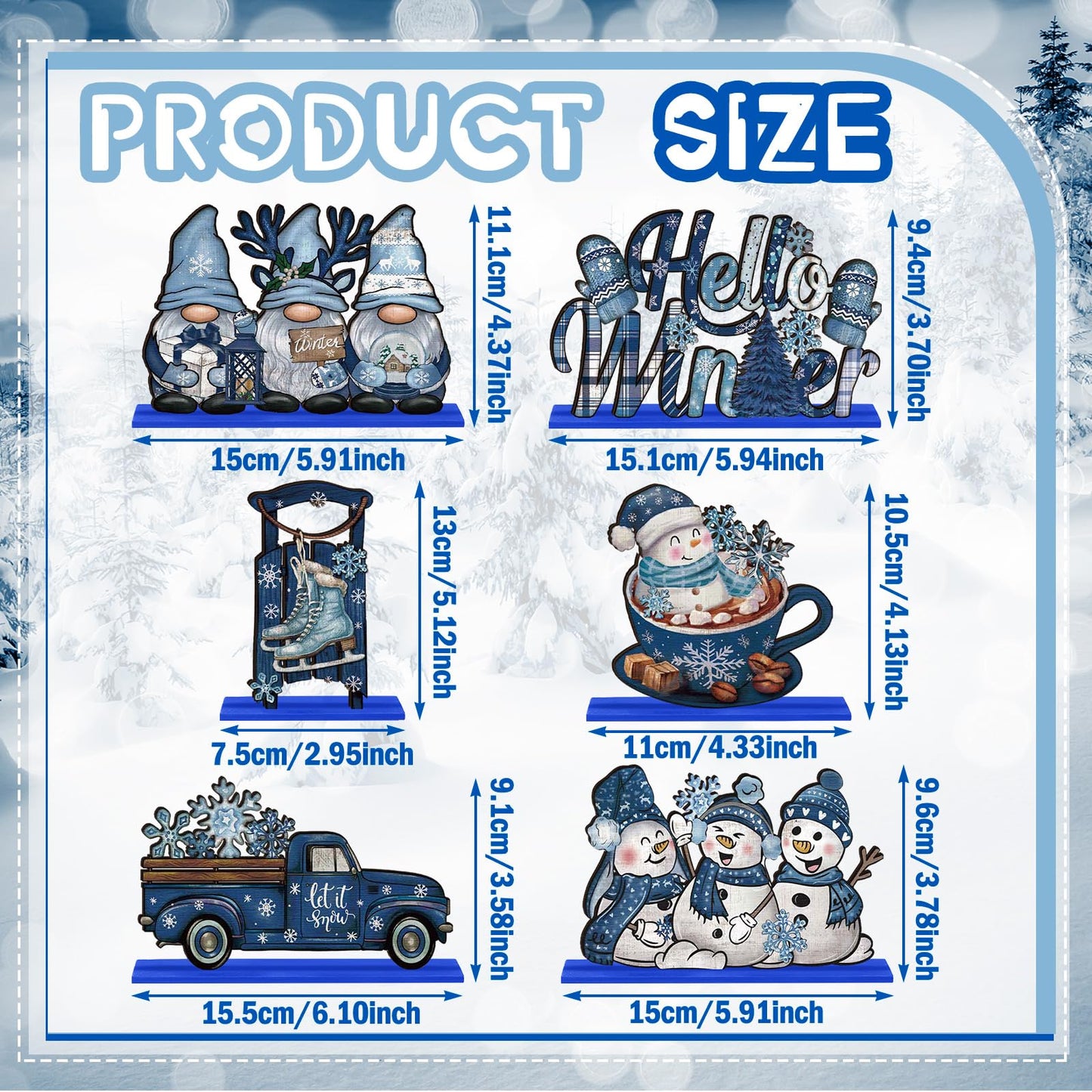 Realspring 6 Pcs Winter Wooden Table Decor Blue Winter Wood Snowman Decorative Gnome Truck Centerpieces Tiered Tray Decor for Kitchen Office Home