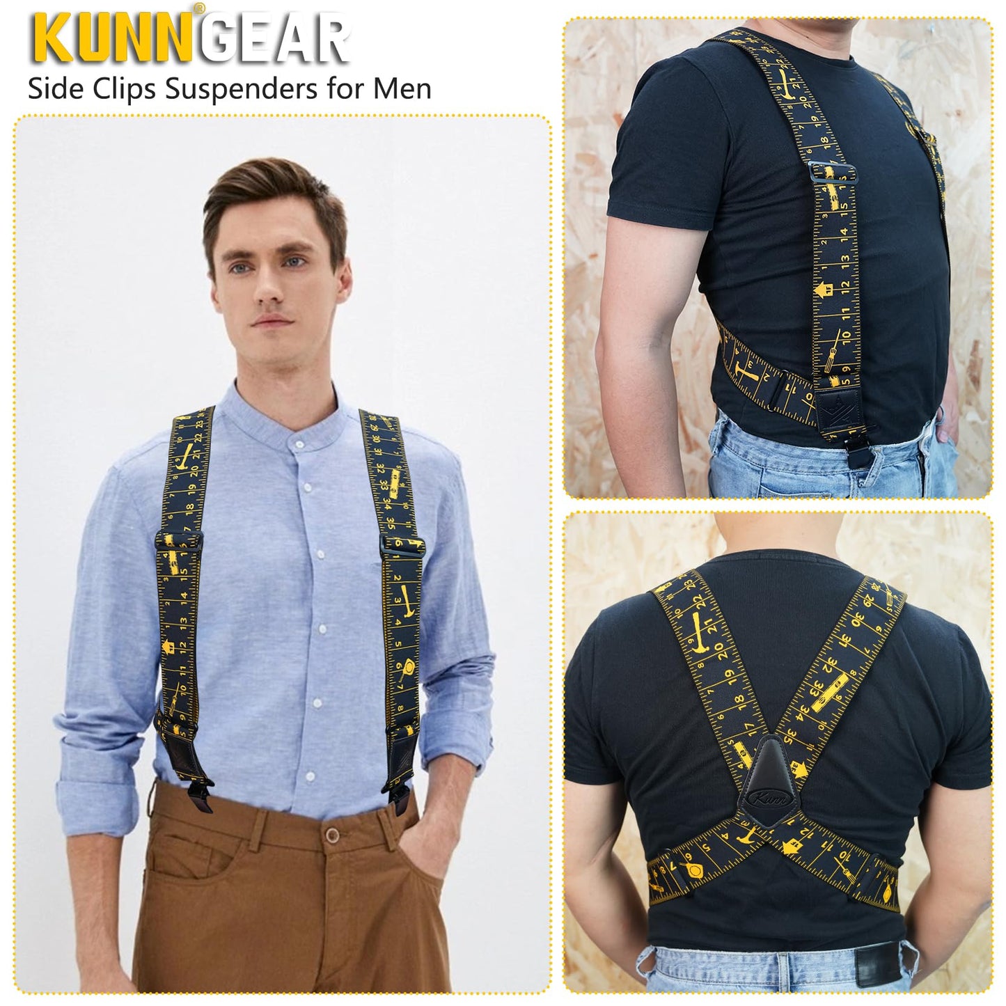KUNN Men's Suspenders Heavy Duty 2 Inch Side Clip Adjustable Elastic Braces Truck Style Work Suspender,Black Rule