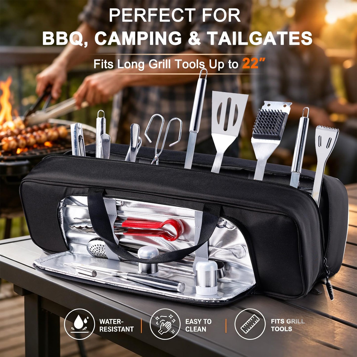 Grill Tool Bag, 22" Heavy Duty BBQ Accessories Organizer with Insulated Lining, Large Grill Utensil Organizer & Caddy for Blackstone Griddle, Camping, Tailgating, BBQ Gifts for Men (Bag Only)