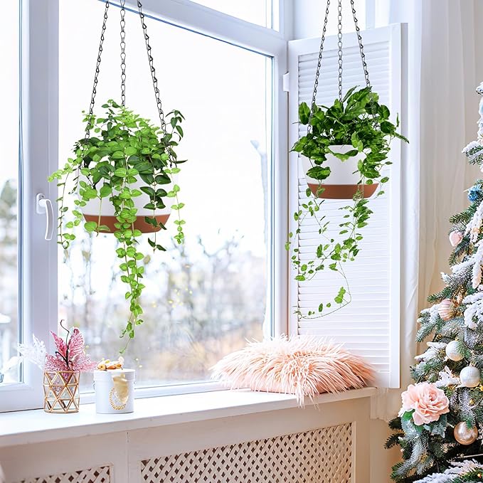 Set of 2 8 Inch Self Watering Hanging Planters for Indoor Outdoor Plants, Color Blocking Hanging Baskets Flower Pots with Drainage Hole & Removable Water-Storage Tray and 20" Chain Hanger