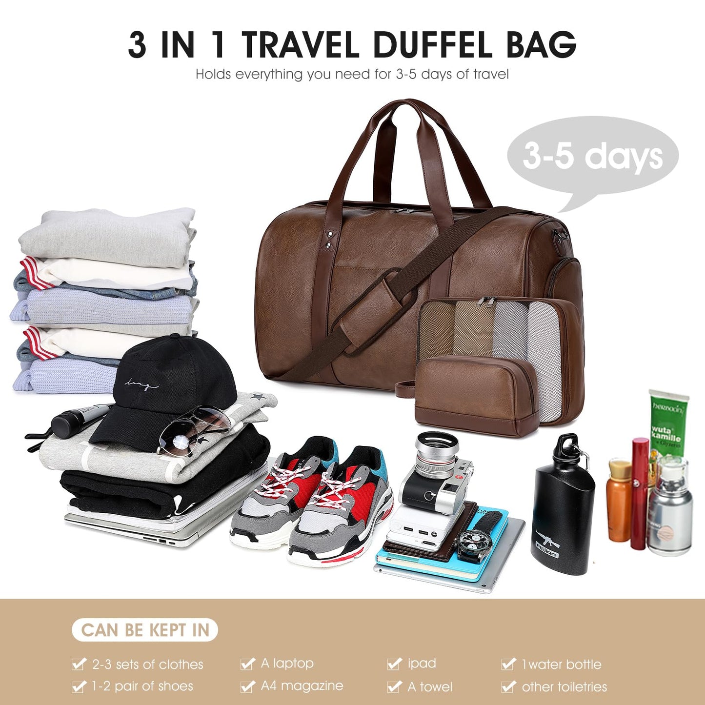 Wogarl 3PCS Faux Leather Weekender Bag for Women Men Large Overnight Travel Duffel Bags with Shoe Compartment Toiletry Packing Cube Carry On Duffle Fit 21" Laptop(Coffee)