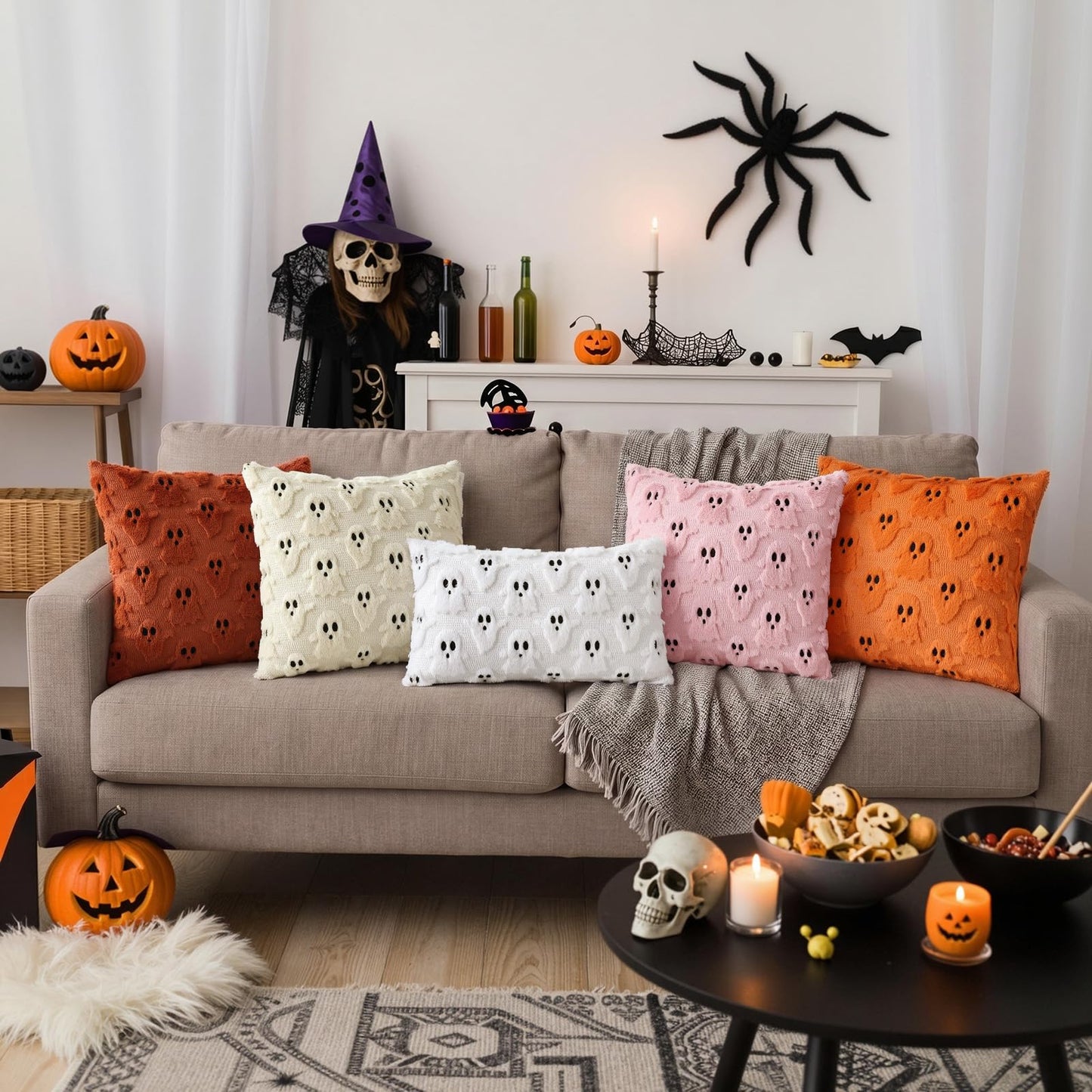 decorUhome Fall Halloween Ghost Pillow Covers 18x18 Inch Pack of 2 Soft Plush Faux Wool Textured Throw Pillow Covers Cute 3D Ghost Decorative Cushion Cases for Couch Sofa Bedroom Home Decor, Orange