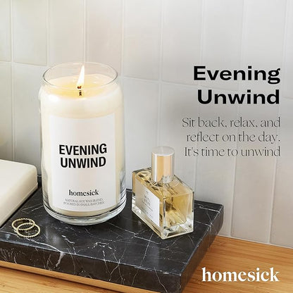 Homesick Scented Candles for Home (Evening Unwind) - 13.75 oz Long-Lasting Natural Soy Wax Blend Jar Candle Gifts for Women & Men, 60-80 Hours Burn Time - Notes of Valencia Orange, Melon & Moss